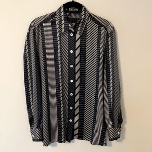 Vintage Escada 100% Silk Button Up Blouse - Navy & Grey